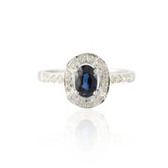 Simple 14K Solid White Gold Halo Diamond and Blue Sapphire Women Engagement Ring