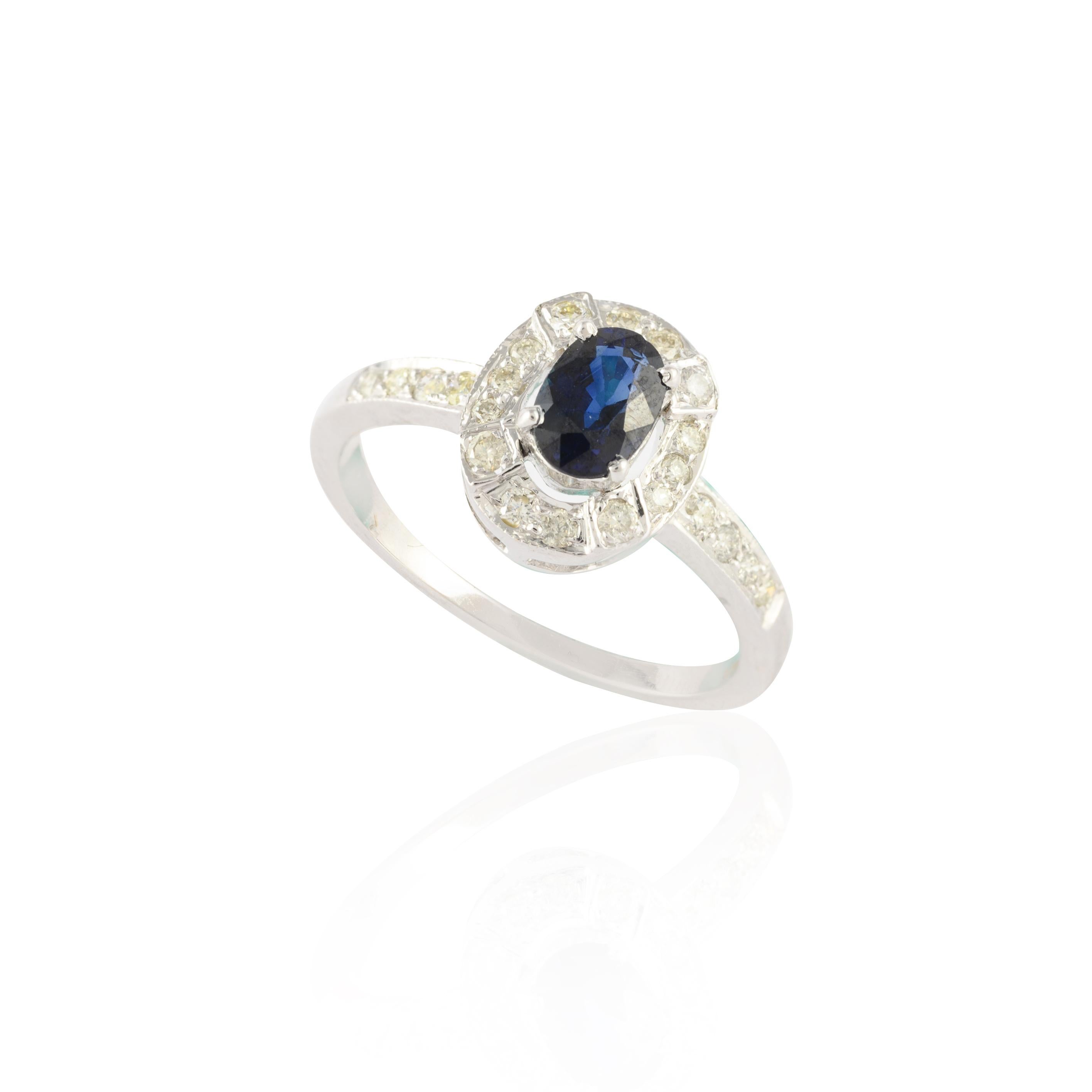 For Sale:  Simple 14K Solid White Gold Halo Diamond and Blue Sapphire Women Engagement Ring 8
