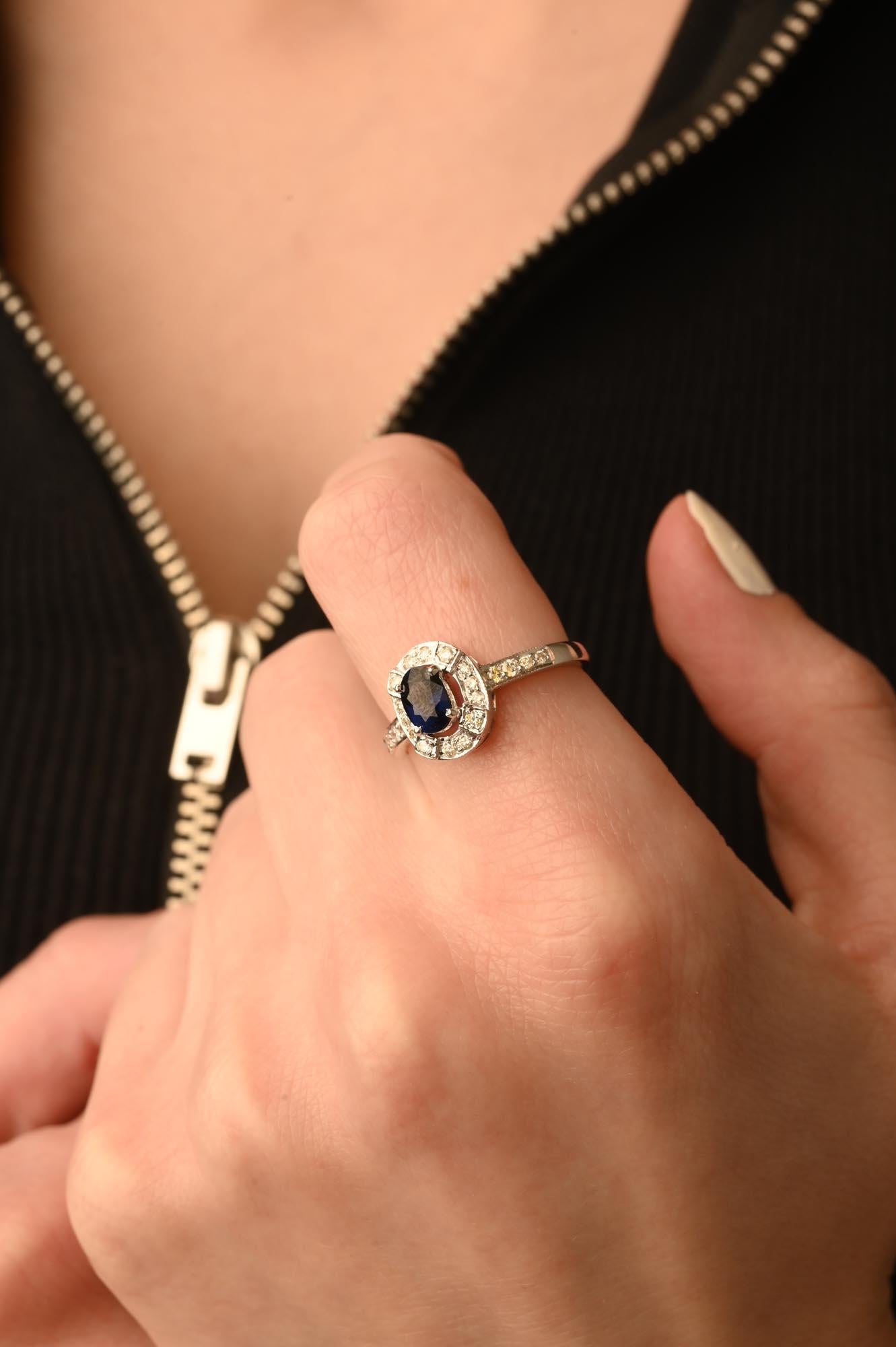 For Sale:  Simple 14K Solid White Gold Halo Diamond and Blue Sapphire Women Engagement Ring 7