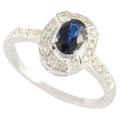 Simple 14K Solid White Gold Halo Diamond and Blue Sapphire Women Engagement Ring