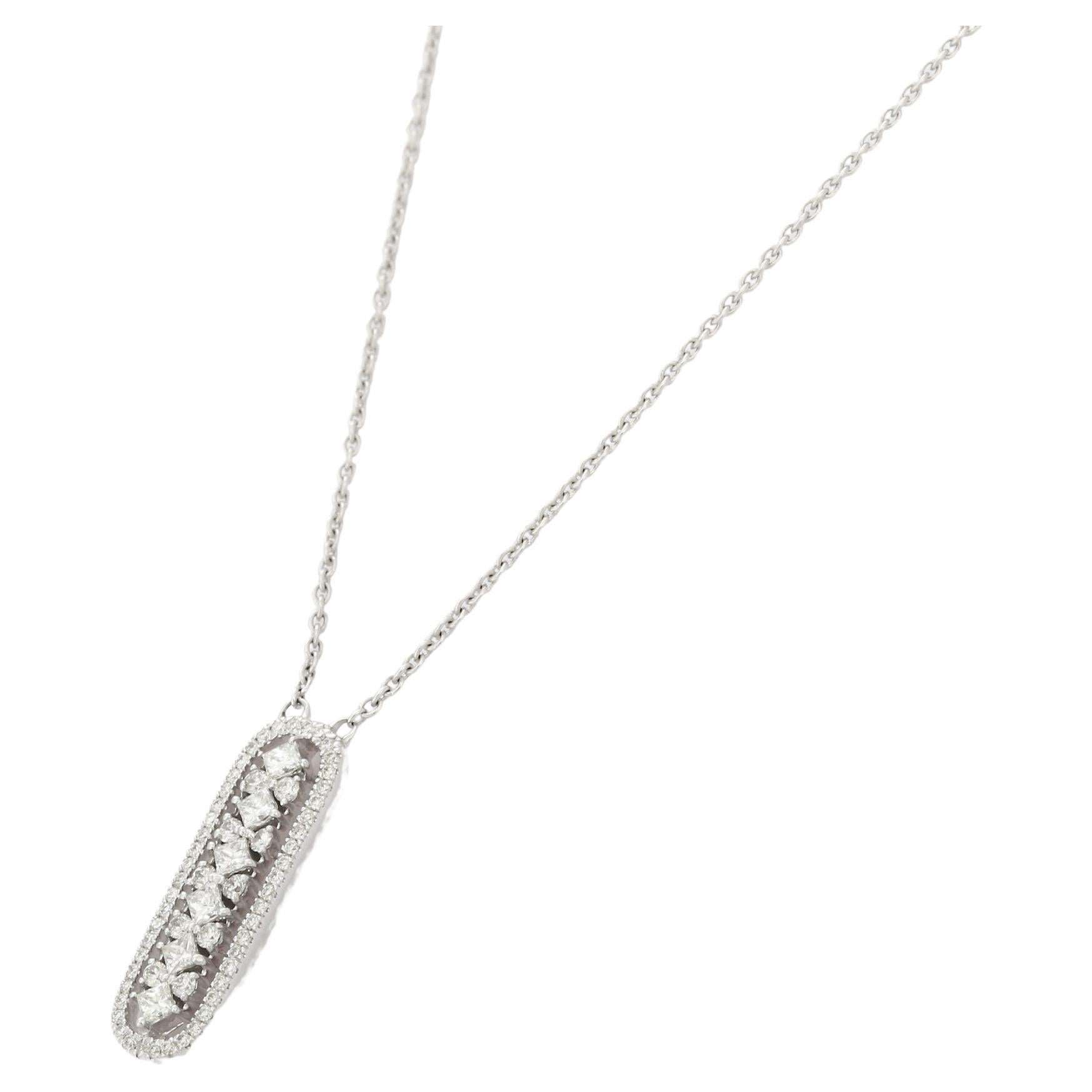 Diamond Necklace in 14K Gold studded with mix cut diamonds.
Accessorize your look with this elegant diamond bar necklace. This stunning piece of jewelry instantly elevates a casual look or dressy outfit. Comfortable and easy to wear, it is just as