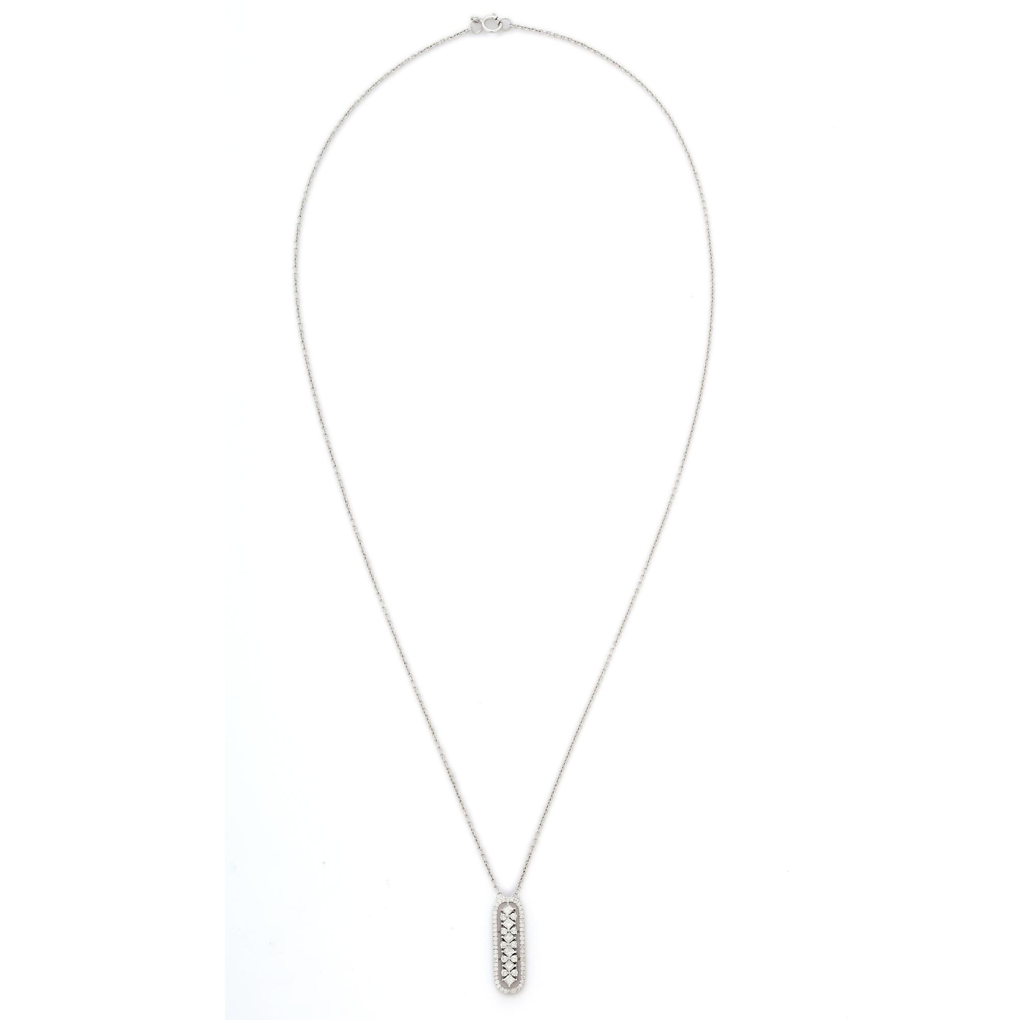 Taille mixte Collier pendentif moderne à barre de diamants en or blanc massif 14 carats avec chaîne en vente