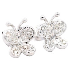 14K Solid White Gold Natural Diamond Cluster Butterfly Stud Earring