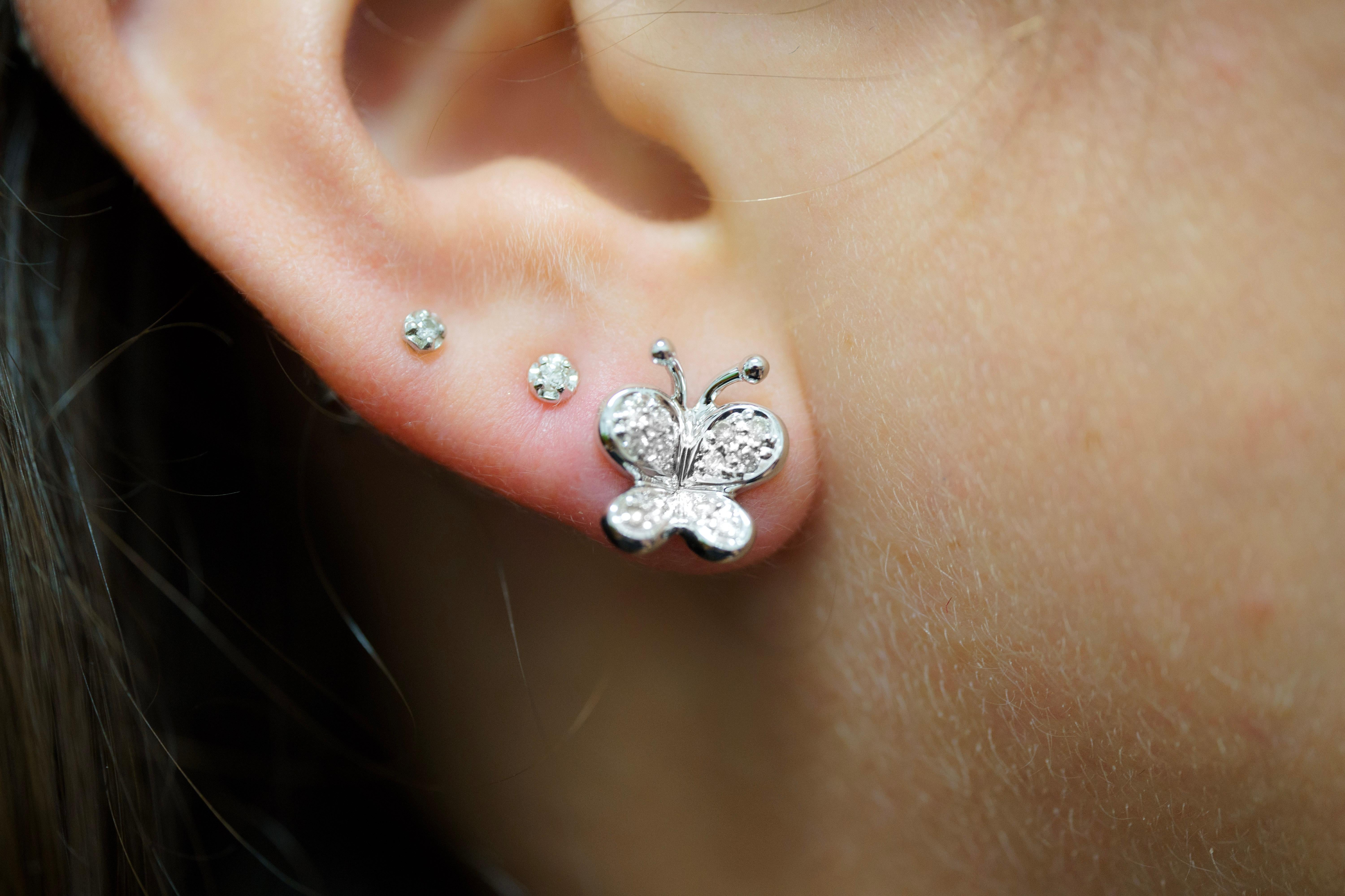 Women's 14K Solid White Gold Natural Diamond Cluster Butterfly Stud Earring  For Sale