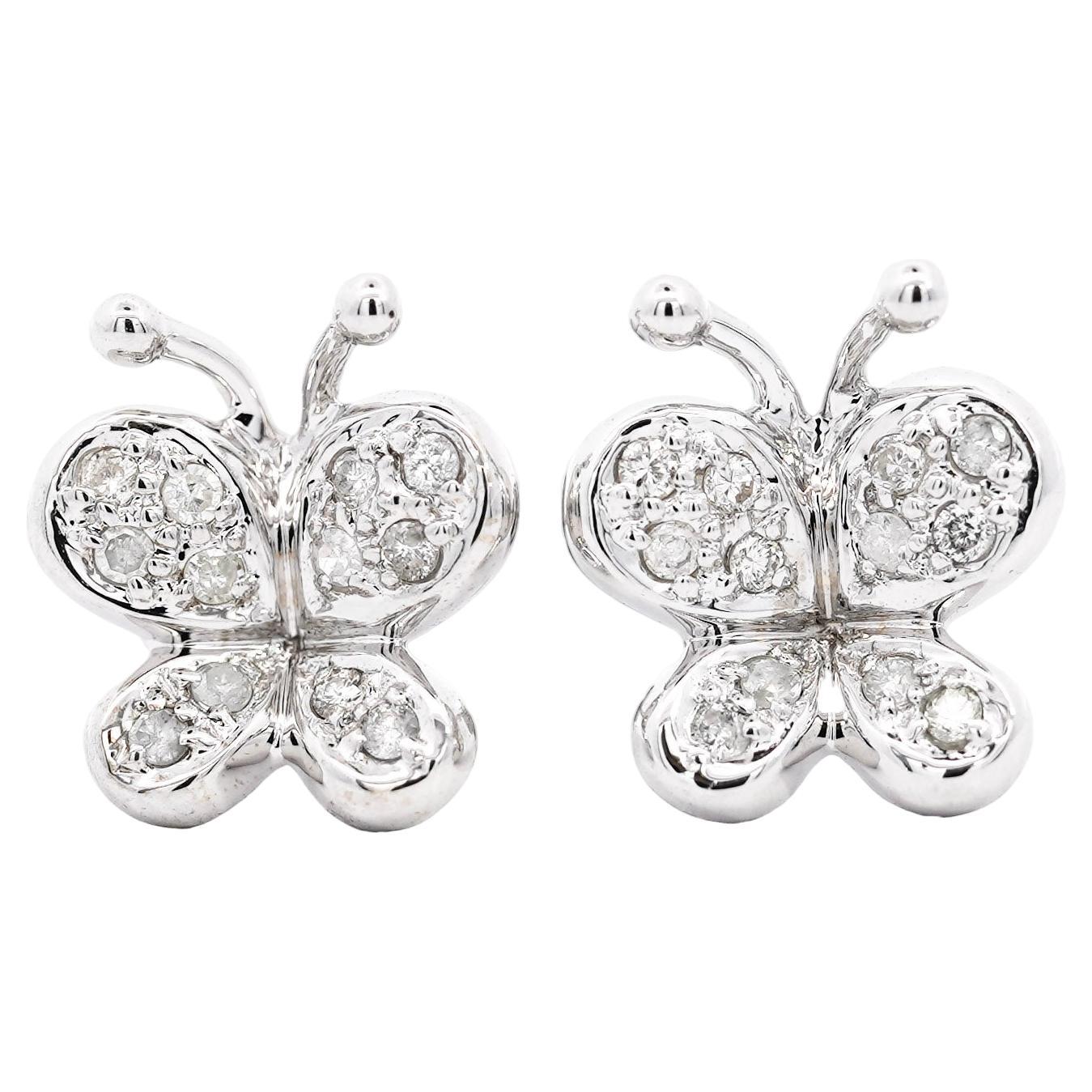 14K Solid White Gold Natural Diamond Cluster Butterfly Stud Earring  For Sale