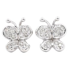 14K Solid White Gold Natural Diamond Cluster Butterfly Stud Earring 