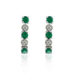 14k Solid White Gold Natural Emerald Diamond Dangle Earrings Gift for Mom