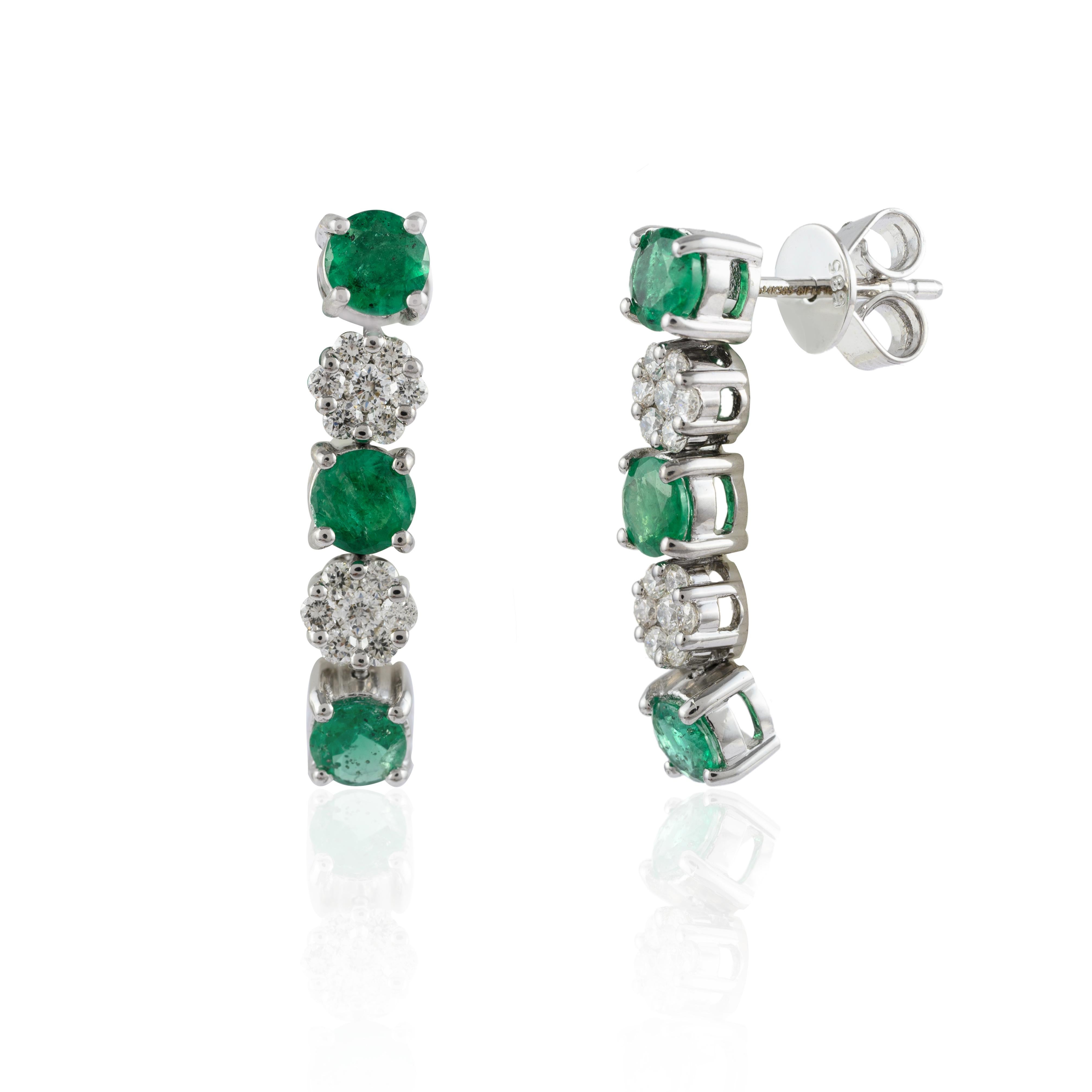 Art Deco 14k Solid White Gold Natural Emerald Diamond Dangle Earrings Gift for Mom For Sale