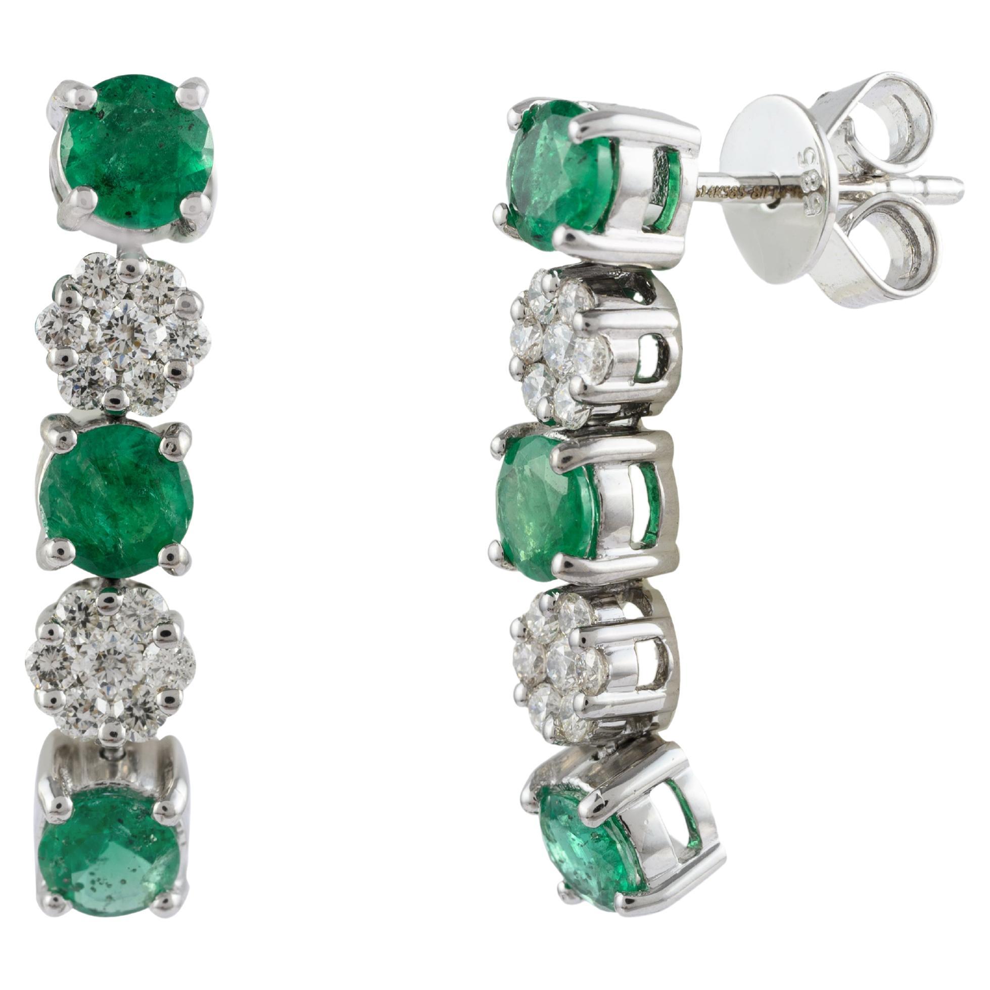 14k Solid White Gold Natural Emerald Diamond Dangle Earrings Gift for Mom
