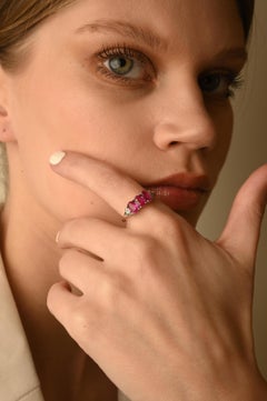 14k Solid White Gold Natural Oval Ruby Three-Stone Ring with Diamonds Accent