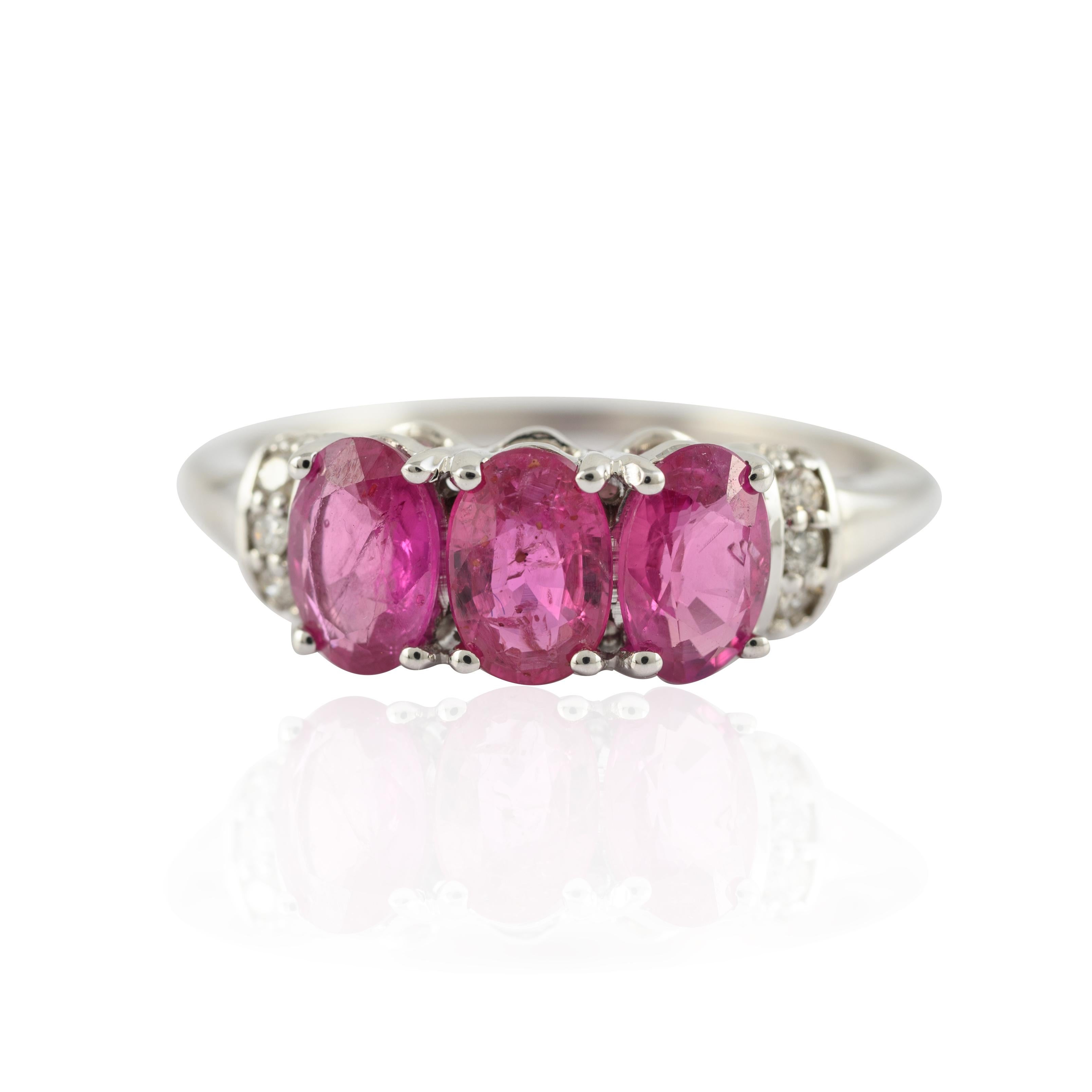 For Sale:  14k Solid White Gold Natural Oval Ruby Three-Stone Ring with Diamonds Accent 3