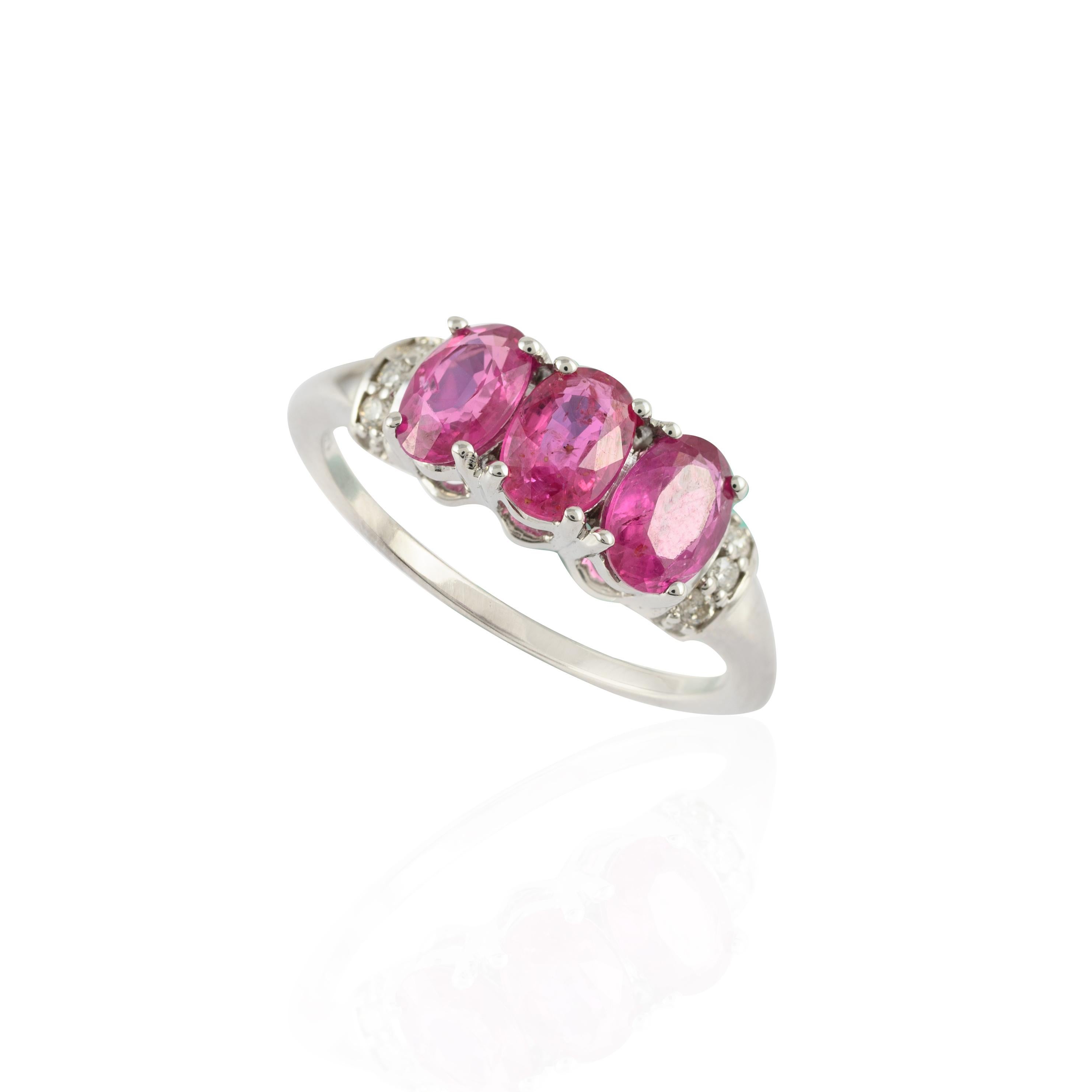 For Sale:  14k Solid White Gold Natural Oval Ruby Three-Stone Ring with Diamonds Accent 9