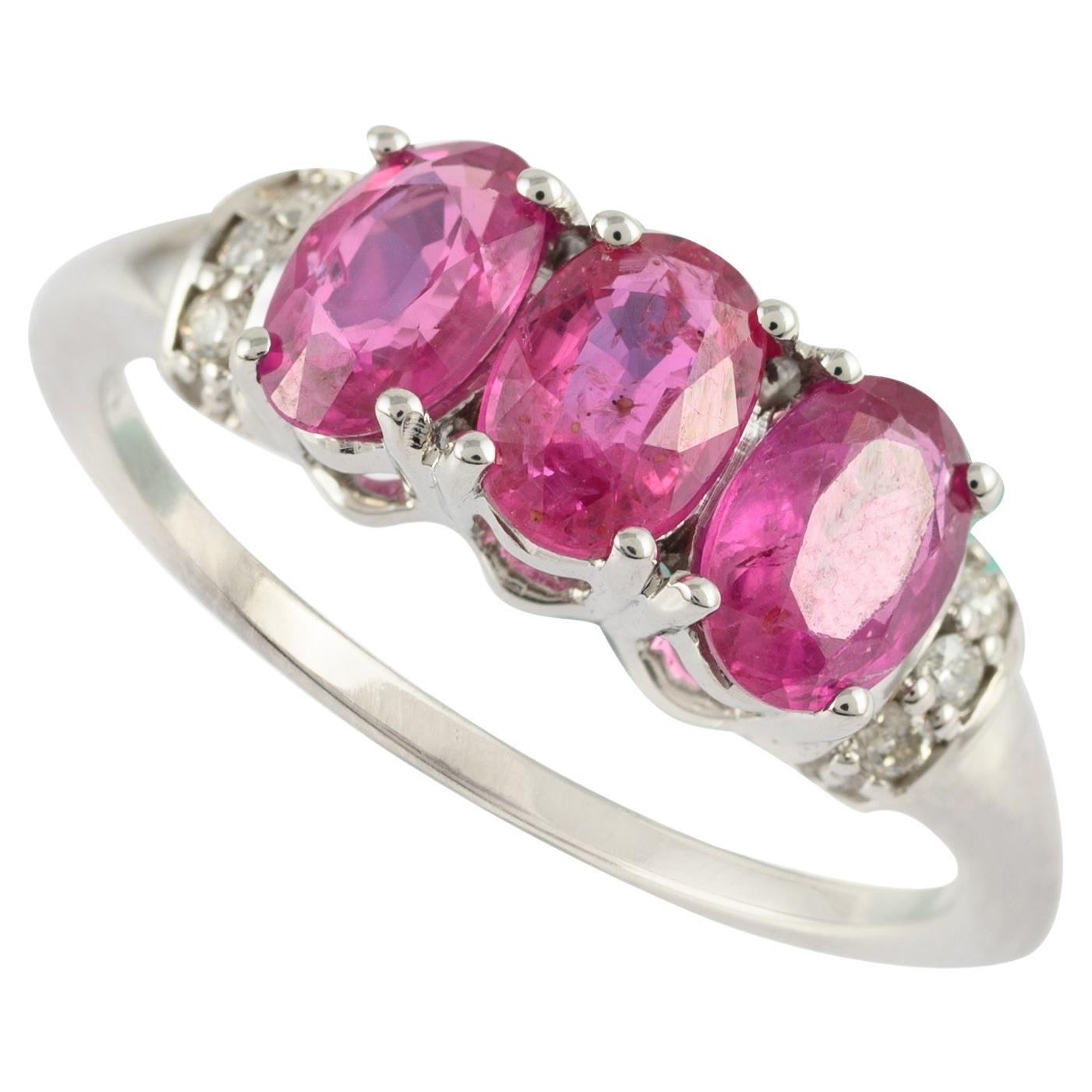 14k Solid White Gold Natural Oval Ruby Three-Stone Ring with Diamonds Accent