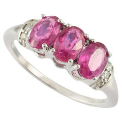 14k Solid White Gold Natural Oval Ruby 3-Stone Ring with Diamonds Accent