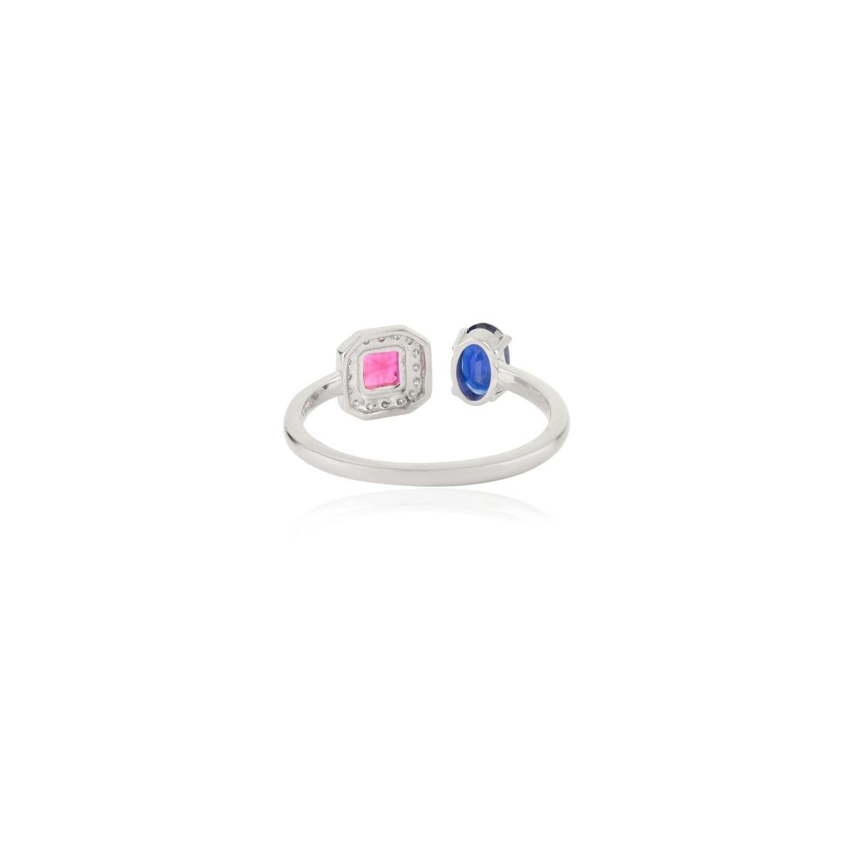 Im Angebot: Offener Ring aus 14 Karat massivem Weißgold mit natürlichem Rubin und Saphir mit Diamant-Halo () 5