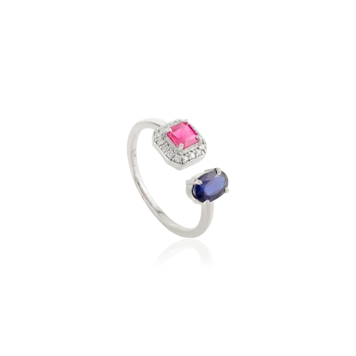 Im Angebot: Offener Ring aus 14 Karat massivem Weißgold mit natürlichem Rubin und Saphir mit Diamant-Halo () 7