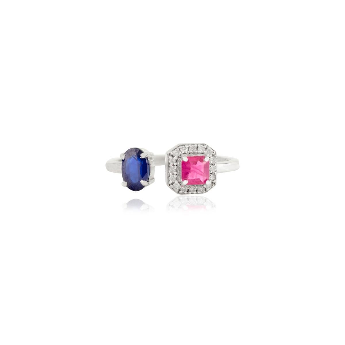 Im Angebot: Offener Ring aus 14 Karat massivem Weißgold mit natürlichem Rubin und Saphir mit Diamant-Halo () 9