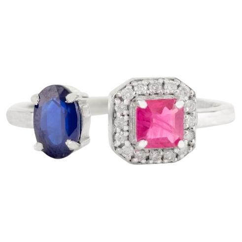 14k Solid White Gold Natural Ruby and Sapphire Open Ring with Diamond Halo