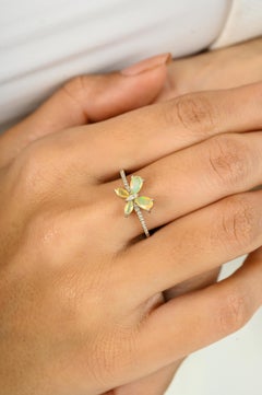 14K Solid White Gold Opal Butterfly Ring with Marquise and Pear Cut Gemstones