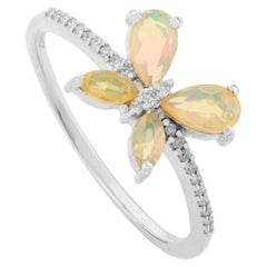 Anillo Mariposa de Ópalo en Oro Blanco Macizo de 14 K con Piedras Preciosas talla Marquesa y Pera