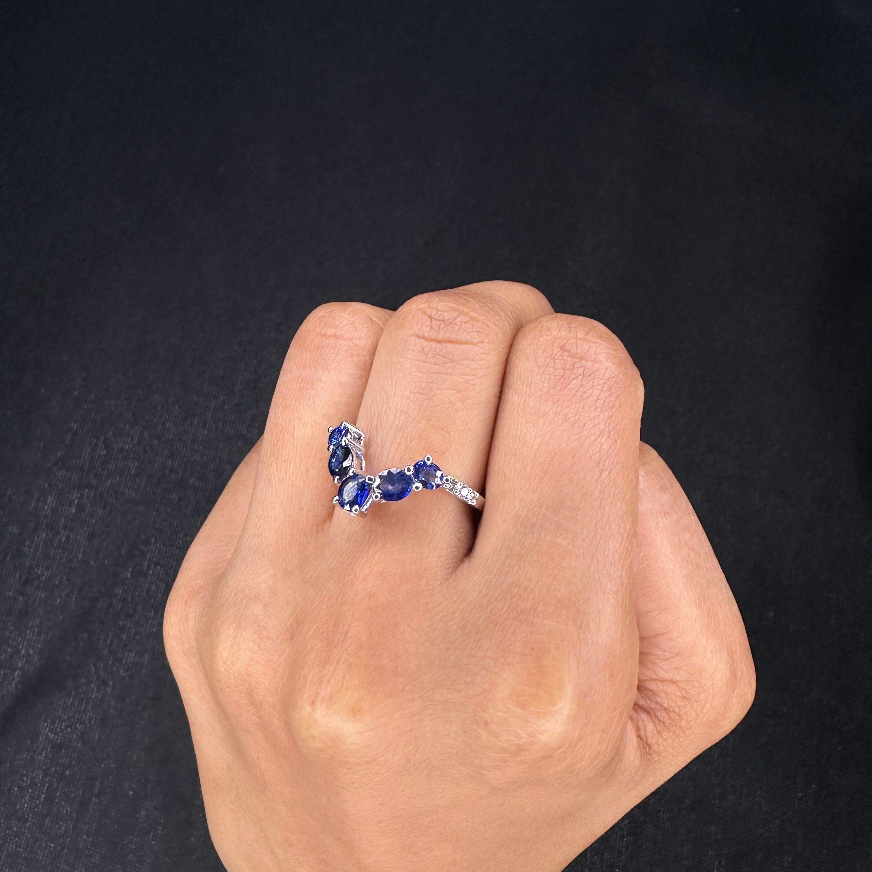 For Sale:  14k Solid White Gold Oval Blue Sapphire Chevron Ring with Flanked Diamonds 6