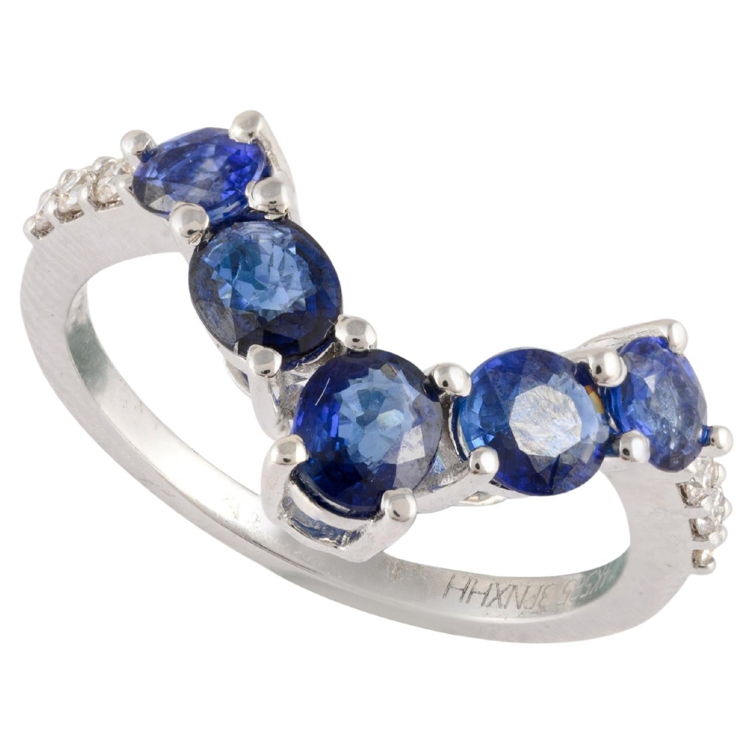 14k Solid White Gold Oval Blue Sapphire Chevron Ring with Flanked Diamonds