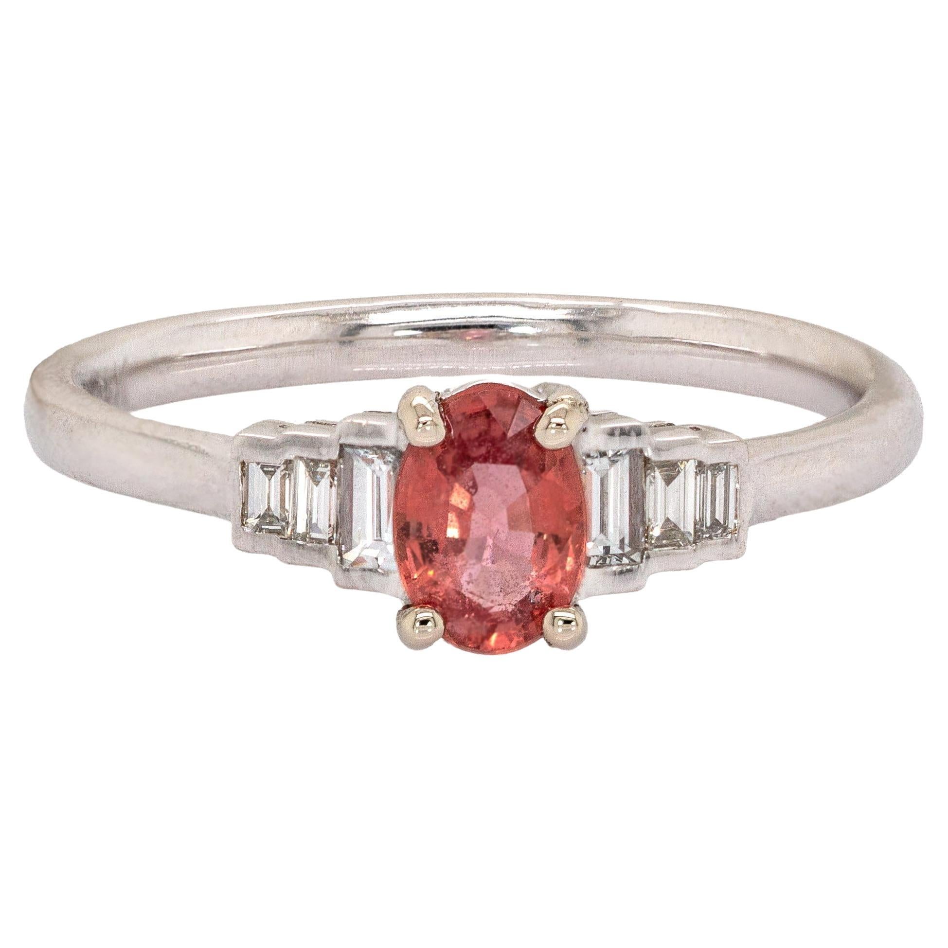 Anillo de zafiro Padparadscha de oro blanco macizo de 14 quilates: Detalles de diamantes extraídos de la tierra en venta