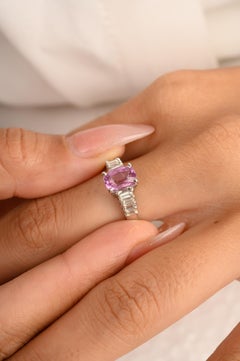 14k Solid White Gold Pink Sapphire Engagement Ring with Diamond Gift for Her