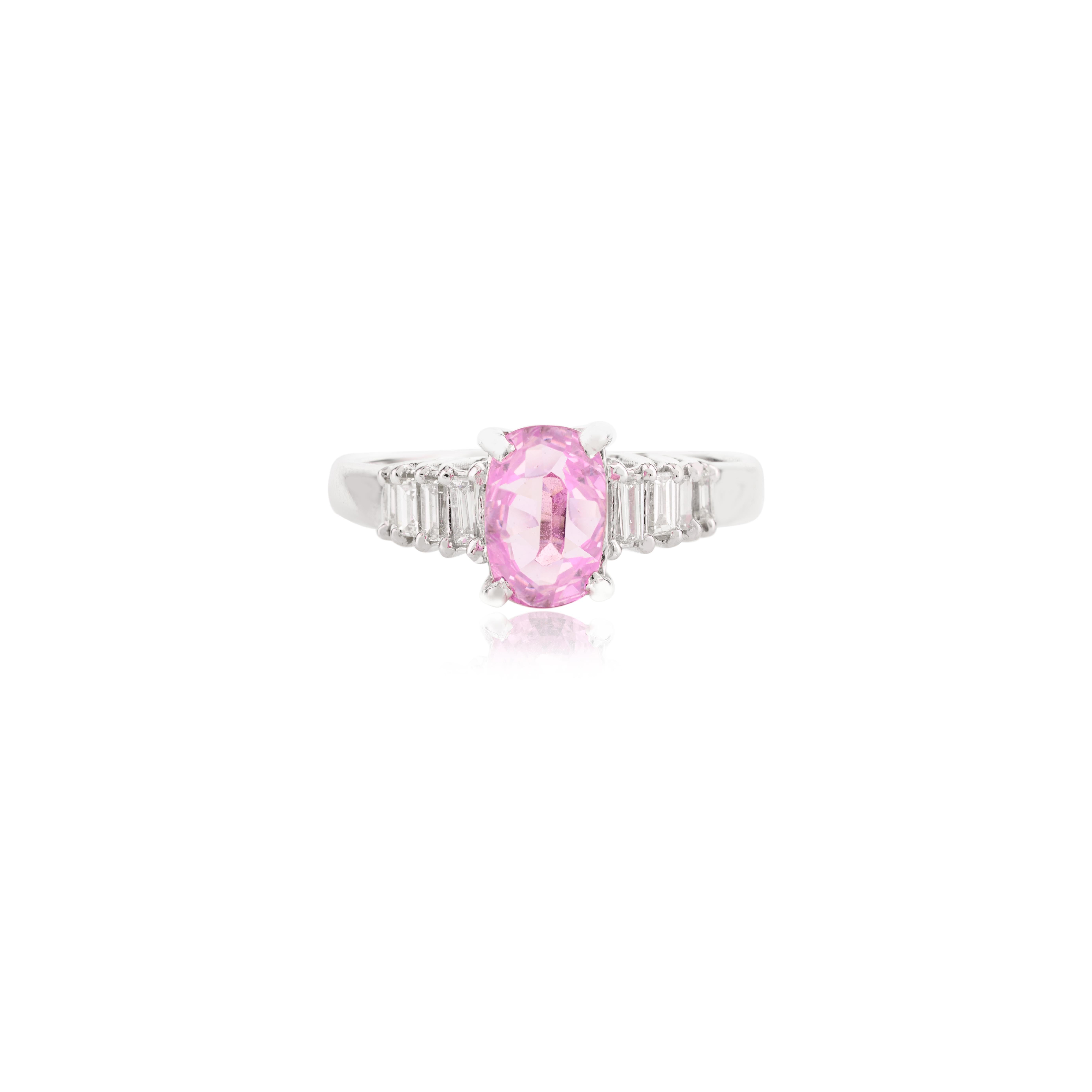 En vente :  Bague de fiançailles en or blanc massif 14k avec saphir rose et diamant Cadeau pour elle 7