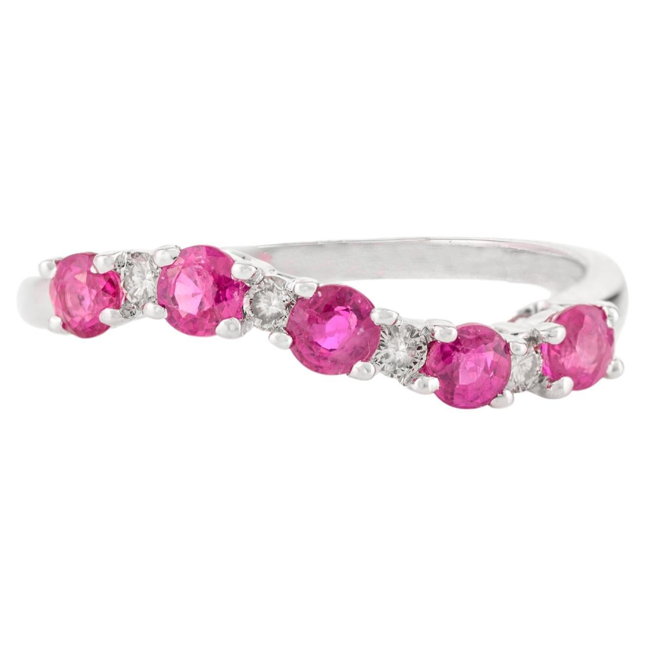 Precious Ruby Stackable Band Ring with Diamonds in 14k Solid White Gold