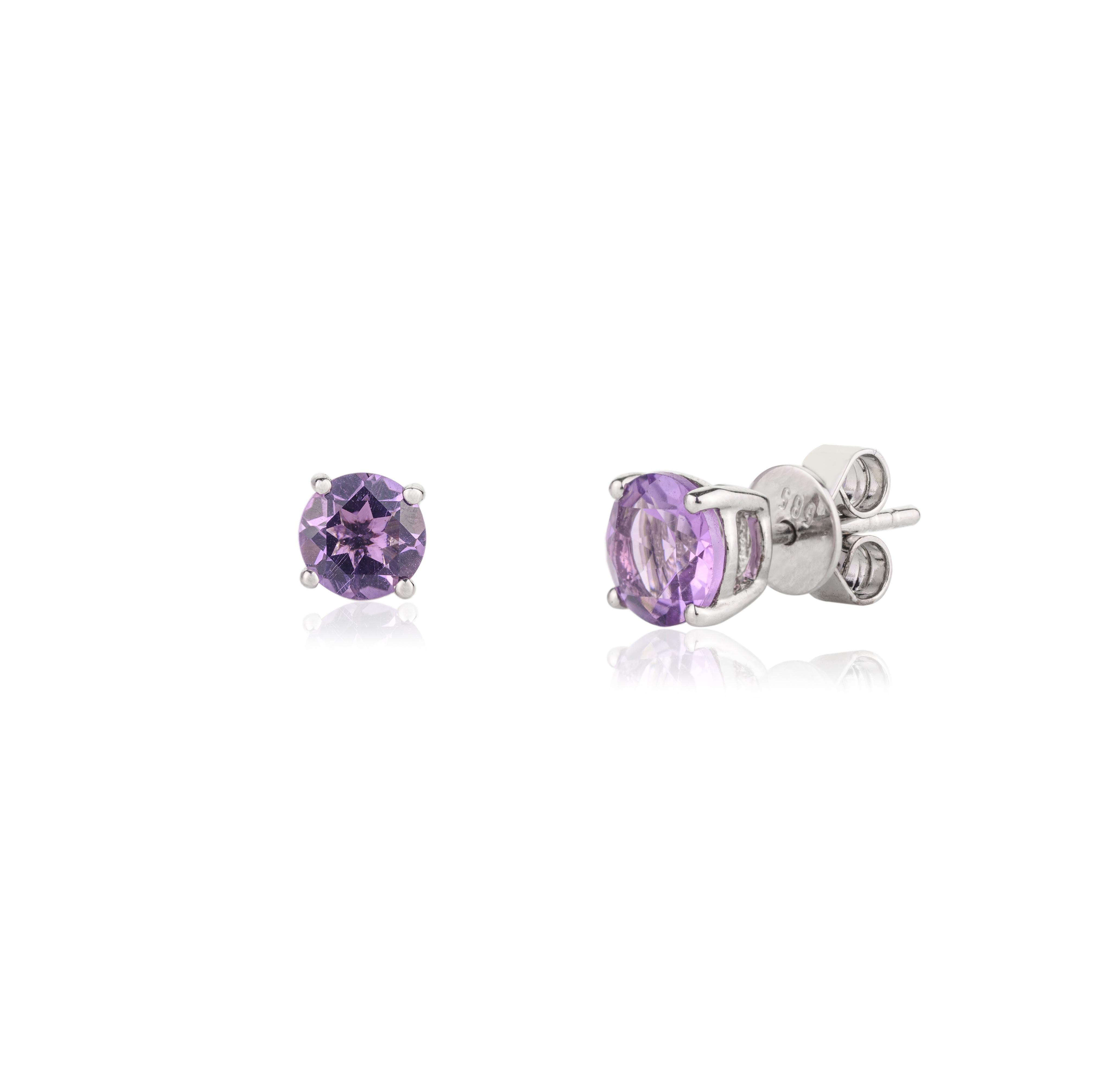 Modern 14k Solid White Gold Round Amethyst Solitaire Stud Earrings For Sale