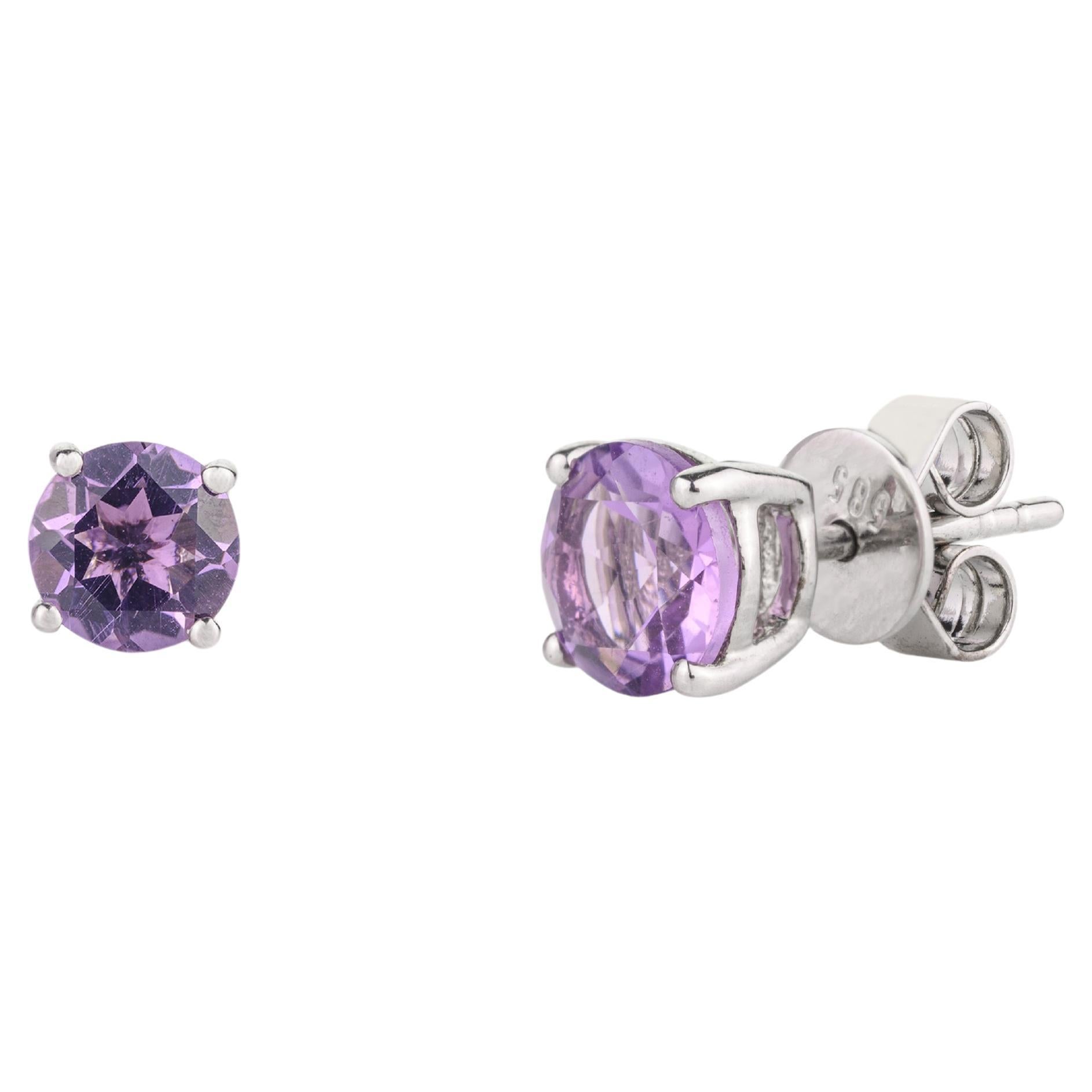 14k Solid White Gold Round Amethyst Solitaire Stud Earrings