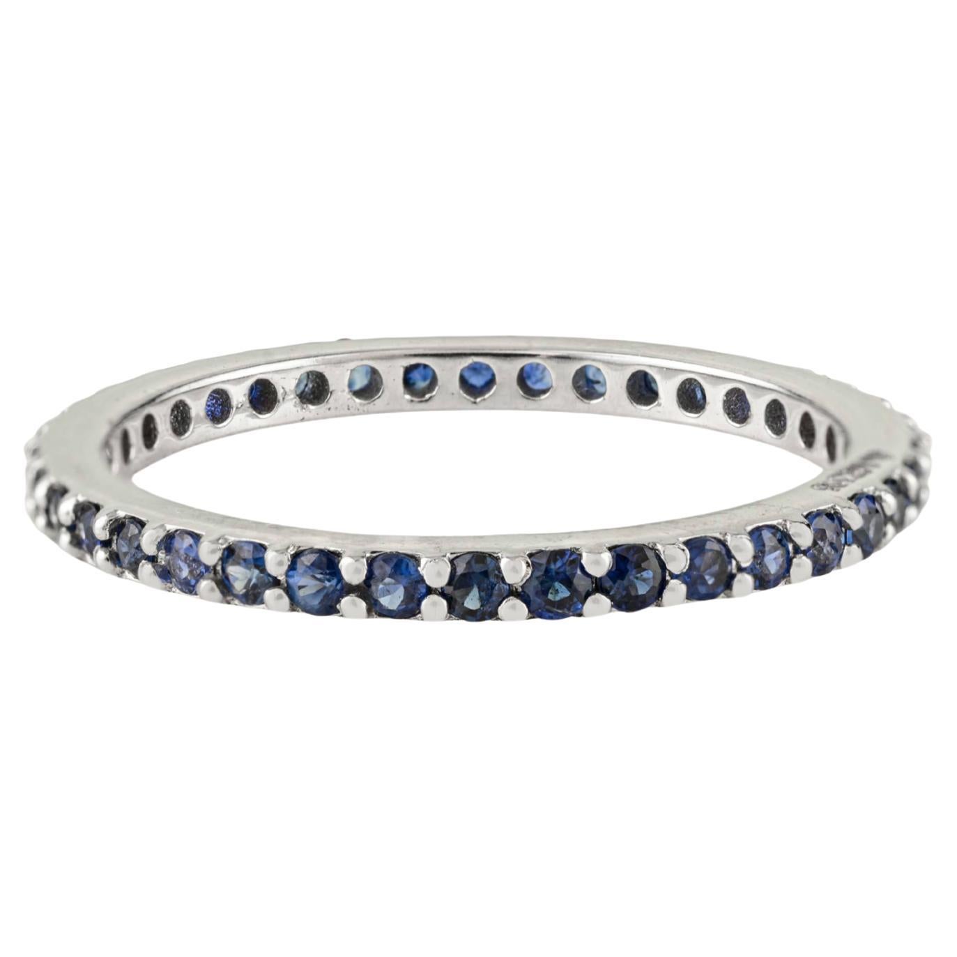 14K solide Weißgold runden blauen Saphir Eternity Band Ring zierlich feinen Schmuck