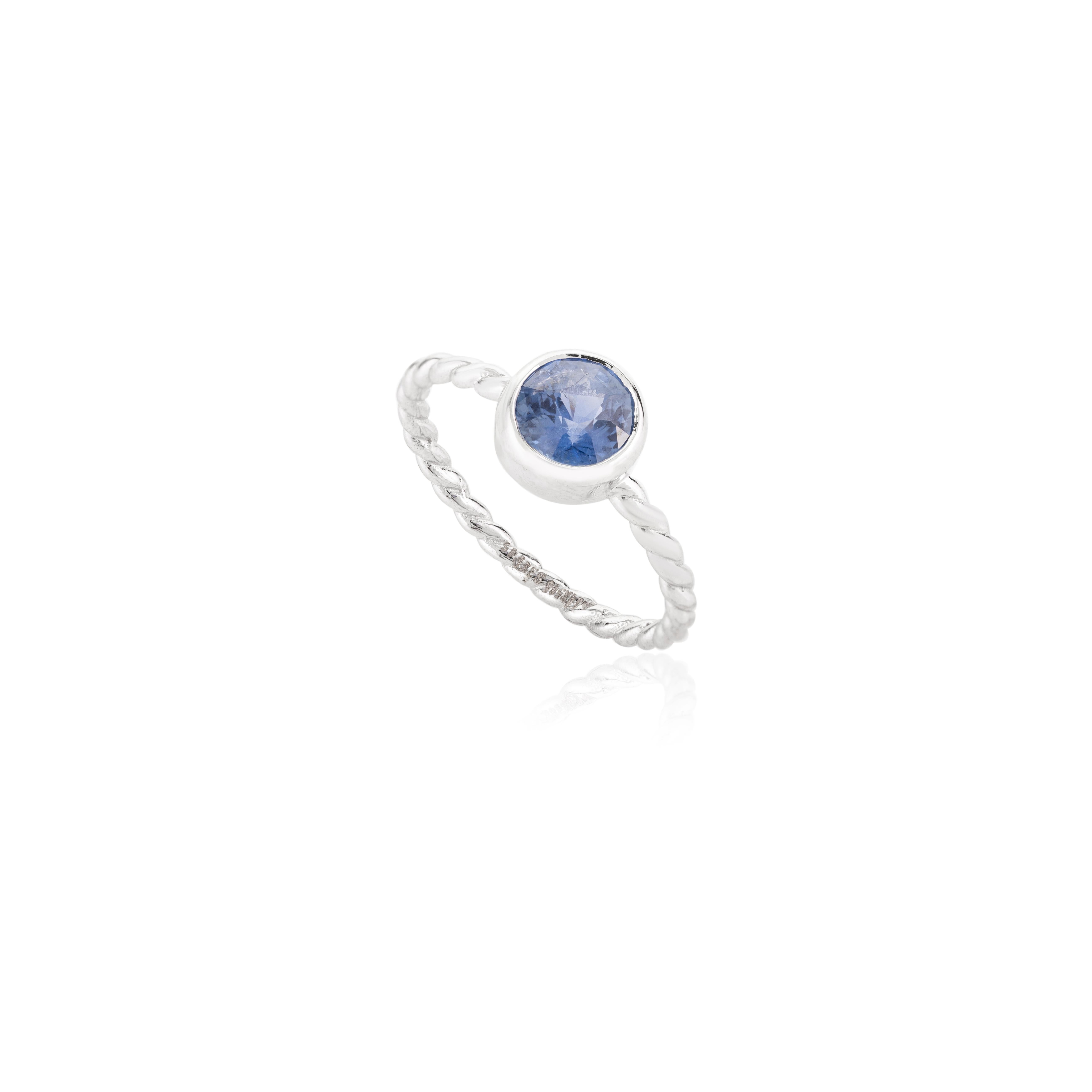 For Sale:  14k Solid White Gold Round Blue Sapphire Everyday Ring Gift for Her 8