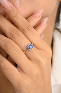 14k Solid White Gold Round Blue Sapphire Everyday Ring Gift for Her