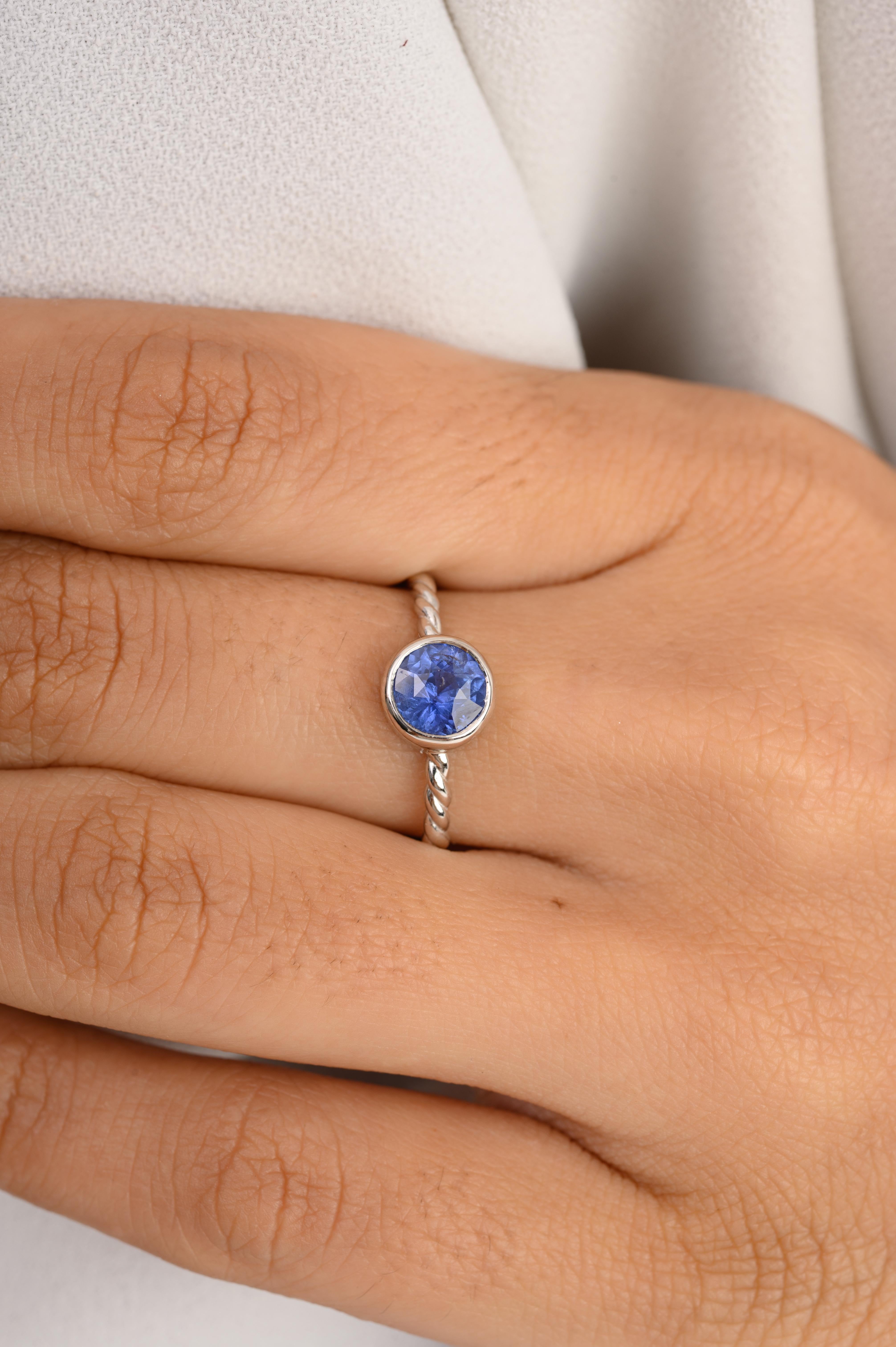 For Sale:  14k Solid White Gold Round Blue Sapphire Everyday Ring Gift for Her 4