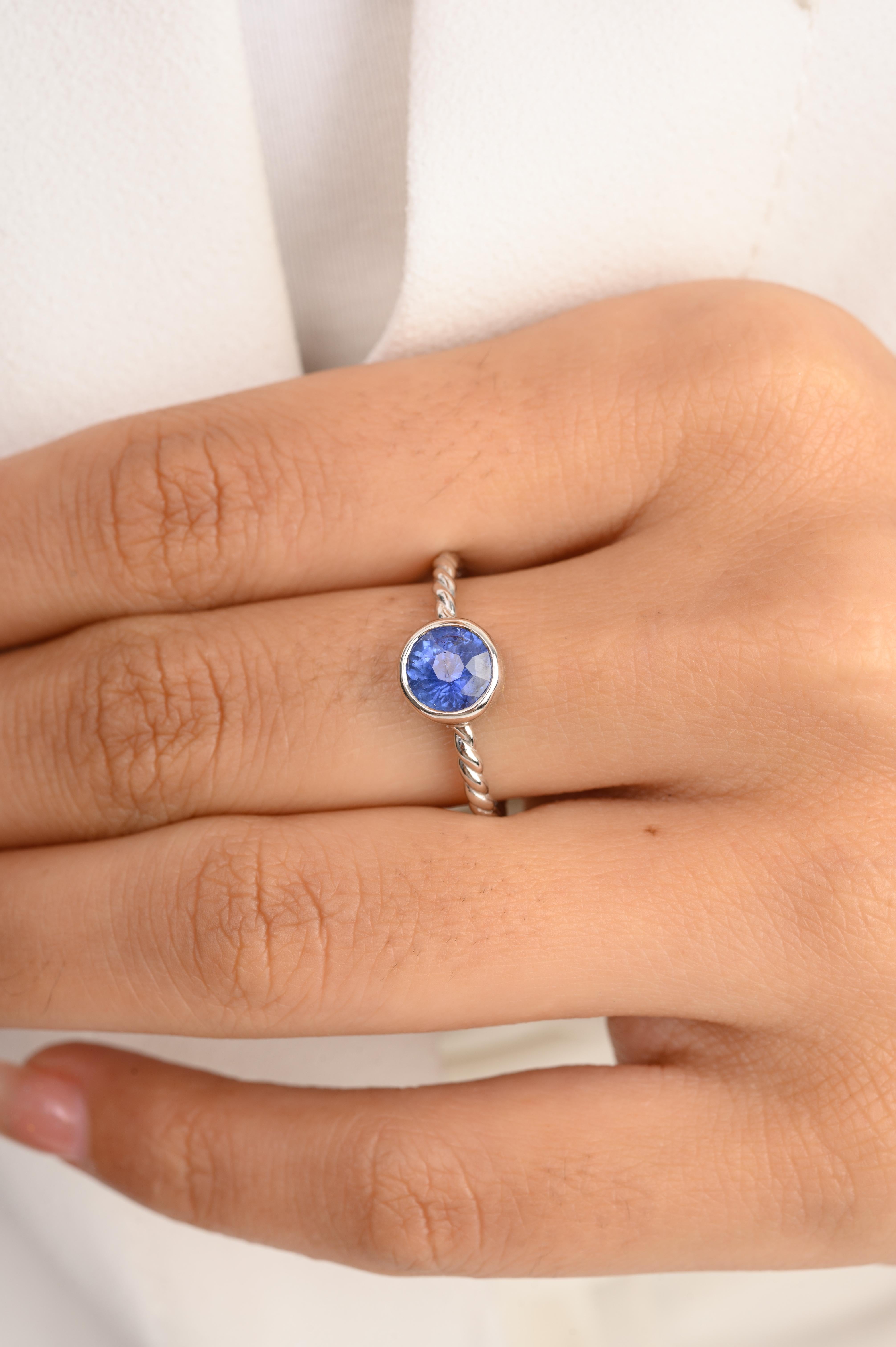 For Sale:  14k Solid White Gold Round Blue Sapphire Everyday Ring Gift for Her 6