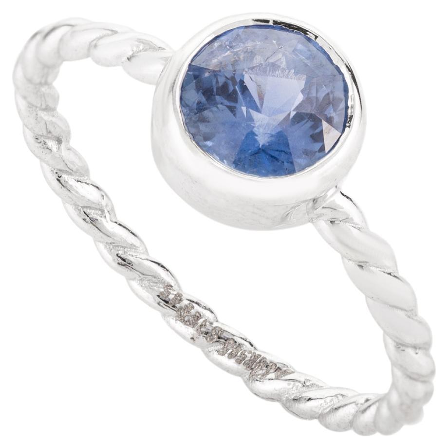 14k Solid White Gold Round Blue Sapphire Everyday Ring Gift for Her