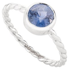 14k Solid White Gold Round Blue Sapphire Everyday Ring Gift for Her