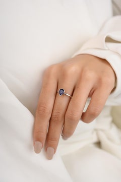 14k Solid White Gold Royal Blue Pear Cut Sapphire Ring for Her