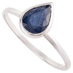14k Solid White Gold Royal Blue Pear Cut Sapphire Ring for Her 