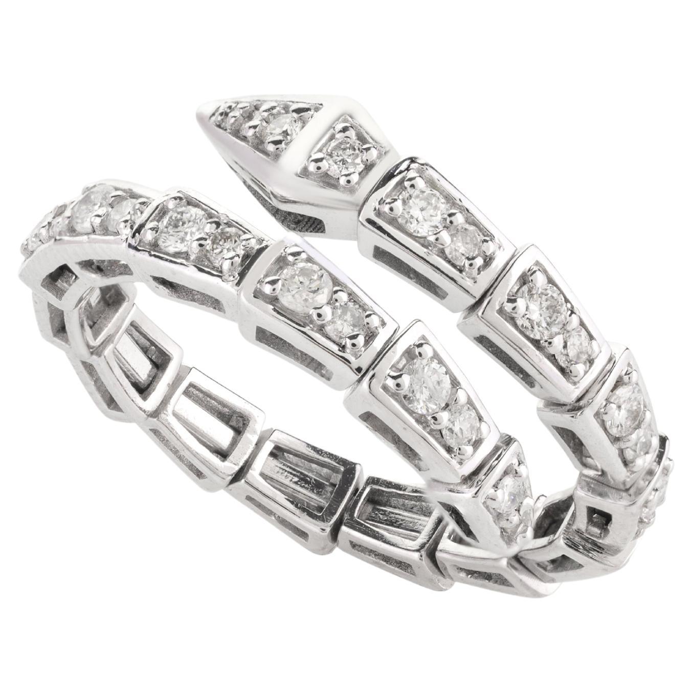 For Sale:  14k Solid White Gold Snake Single Coil Diamond Ring for Women, Animal Jewelry