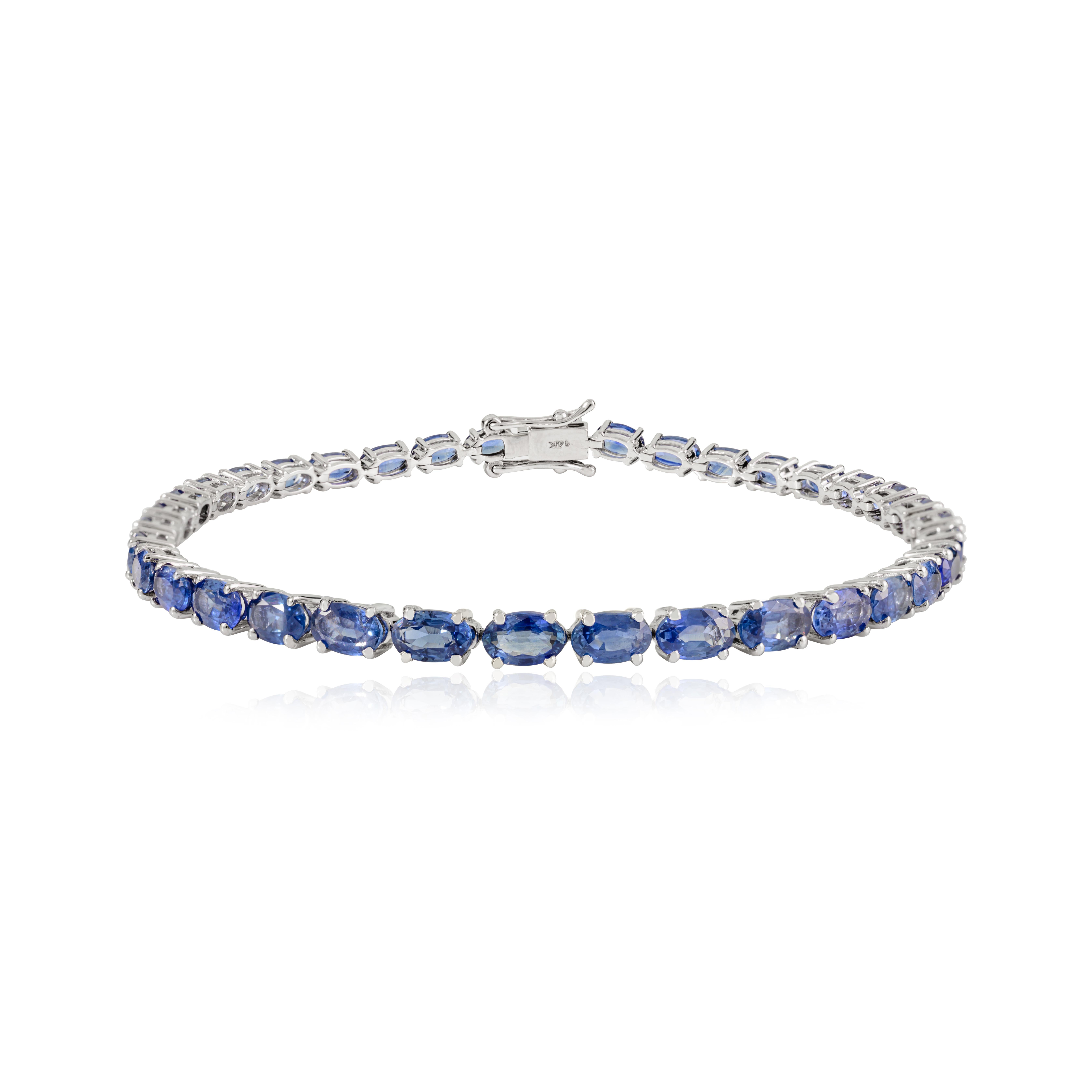 Women's 14K Solid White Gold Tennis Bracelet with 10 Ct Oval Cut Natural Blue Sapphire For Sale