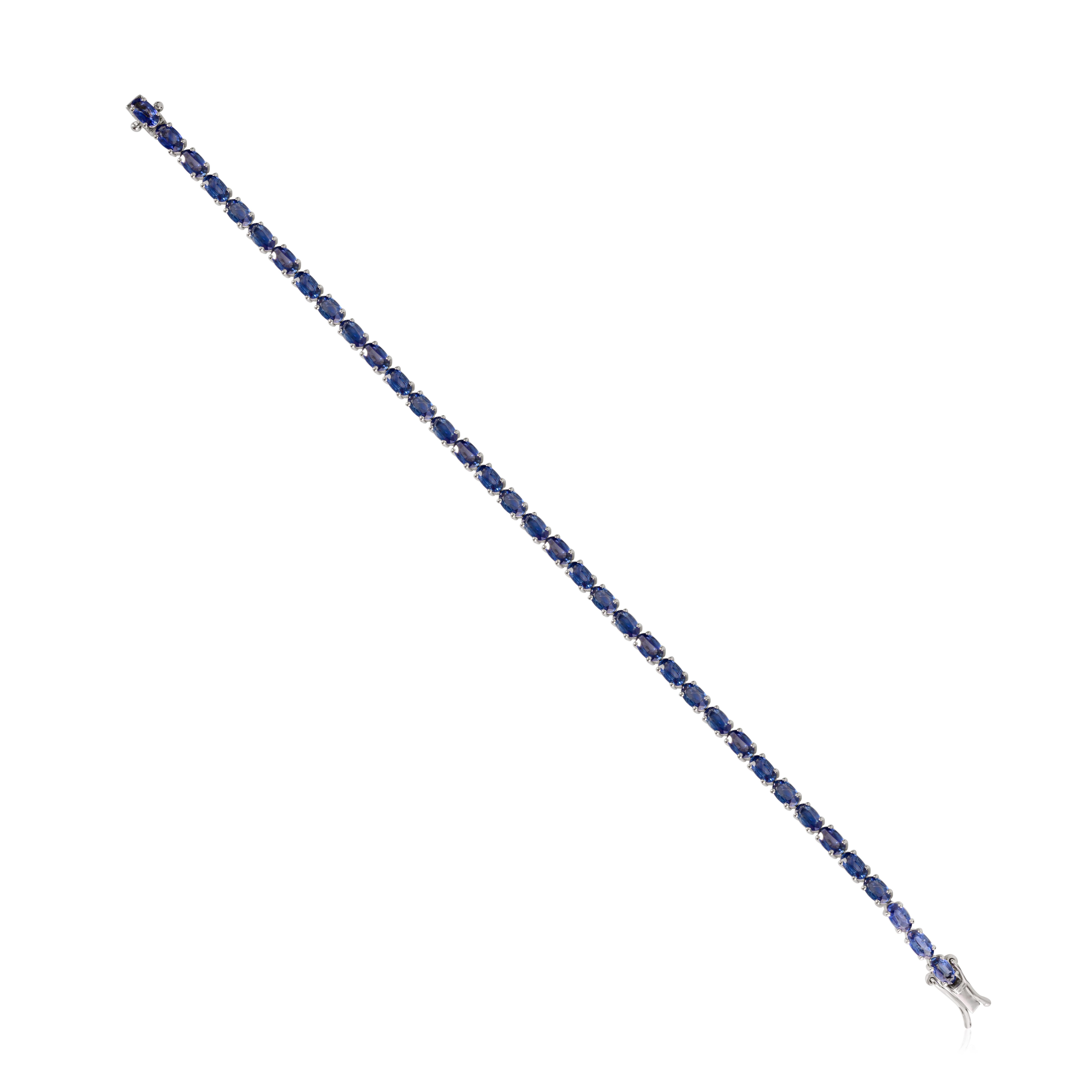 14K Solid White Gold Tennis Bracelet with 10 Ct Oval Cut Natural Blue Sapphire For Sale 2