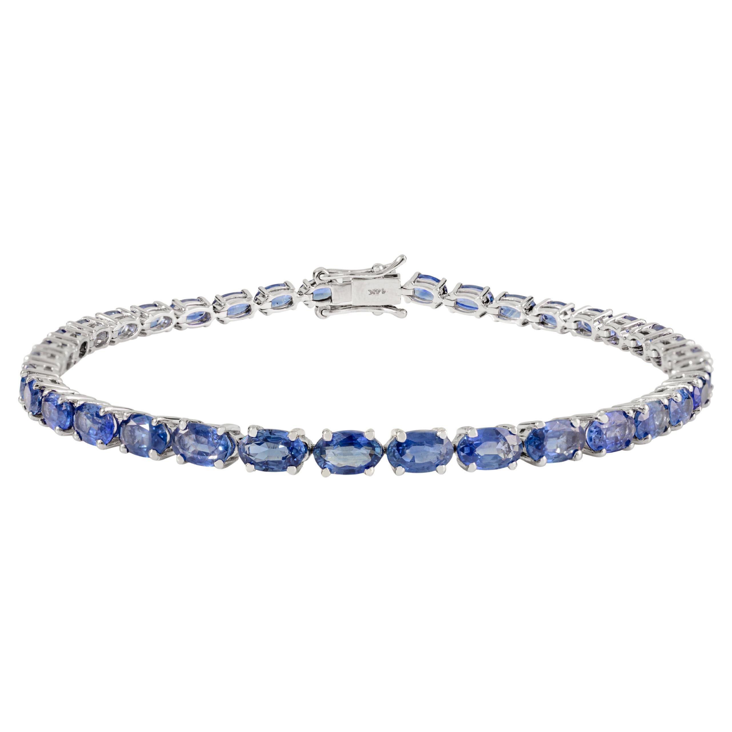 14K Solid White Gold Tennis Bracelet with 10 Ct Oval Cut Natural Blue Sapphire For Sale