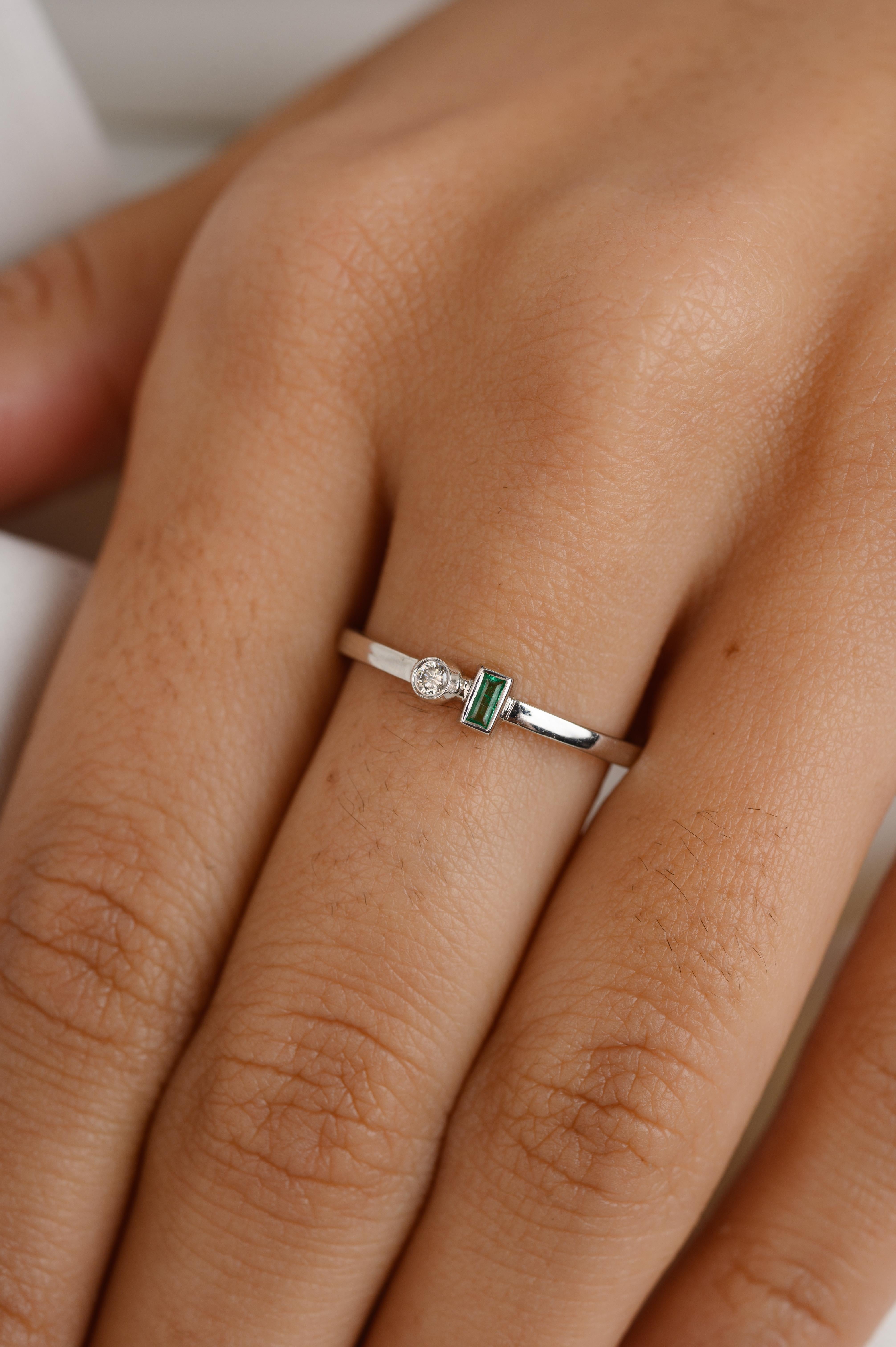 For Sale:  14k Solid White Gold Tiny Tow Stone Emerald and Diamond Ring Gift 4