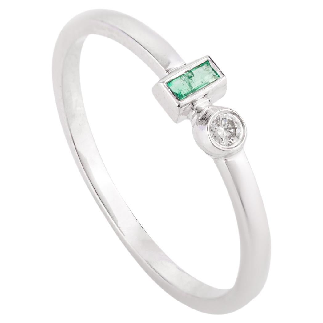 14k Solid White Gold Tiny Tow Stone Emerald and Diamond Ring Gift