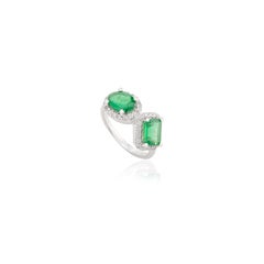14k Solid White Gold Two Stone Emerald Diamond Engagement Ring in Gift for Her