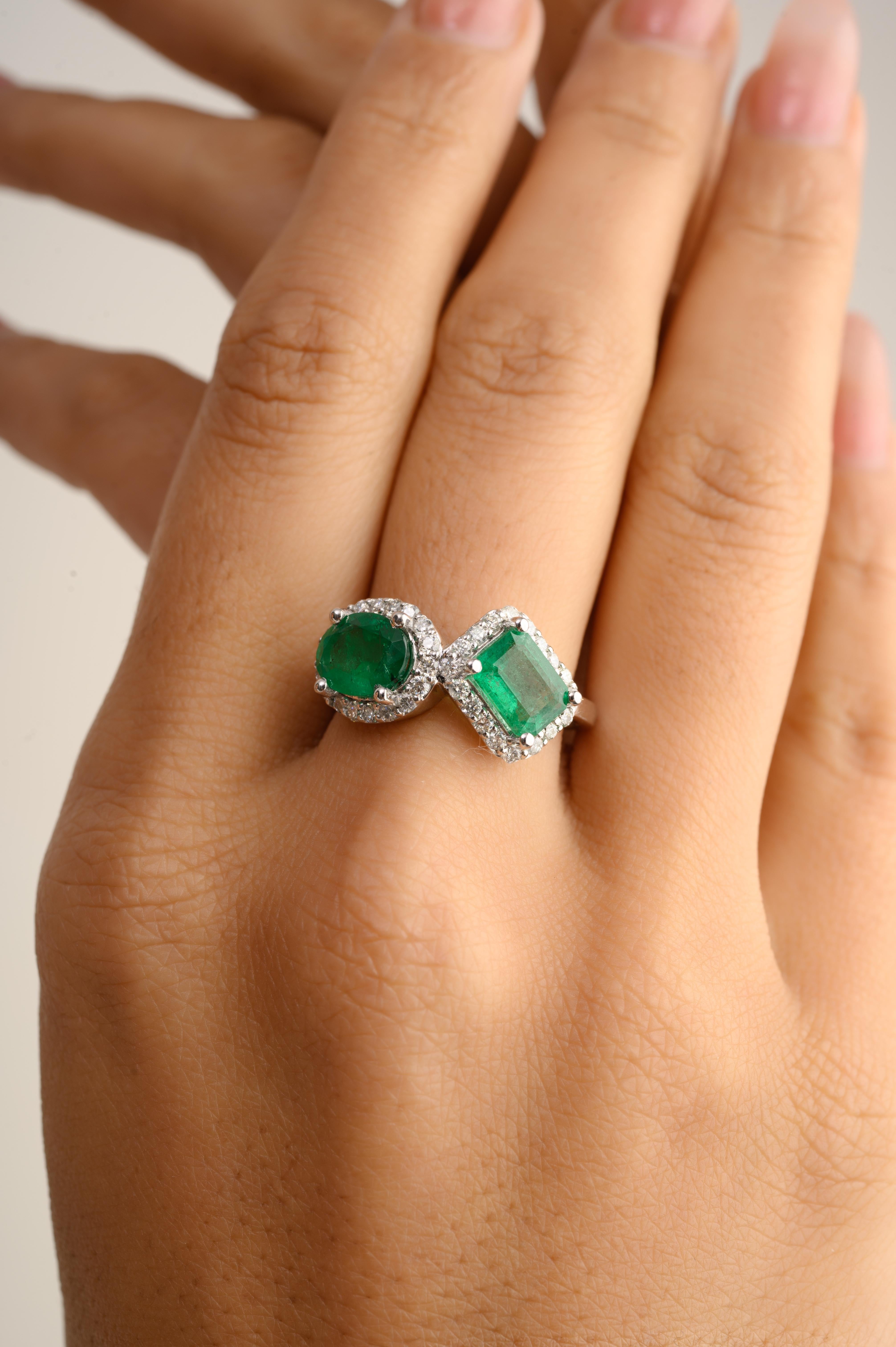 For Sale:  14k Solid White Gold Two Stone Emerald Diamond Engagement Ring in Gift for Her 3