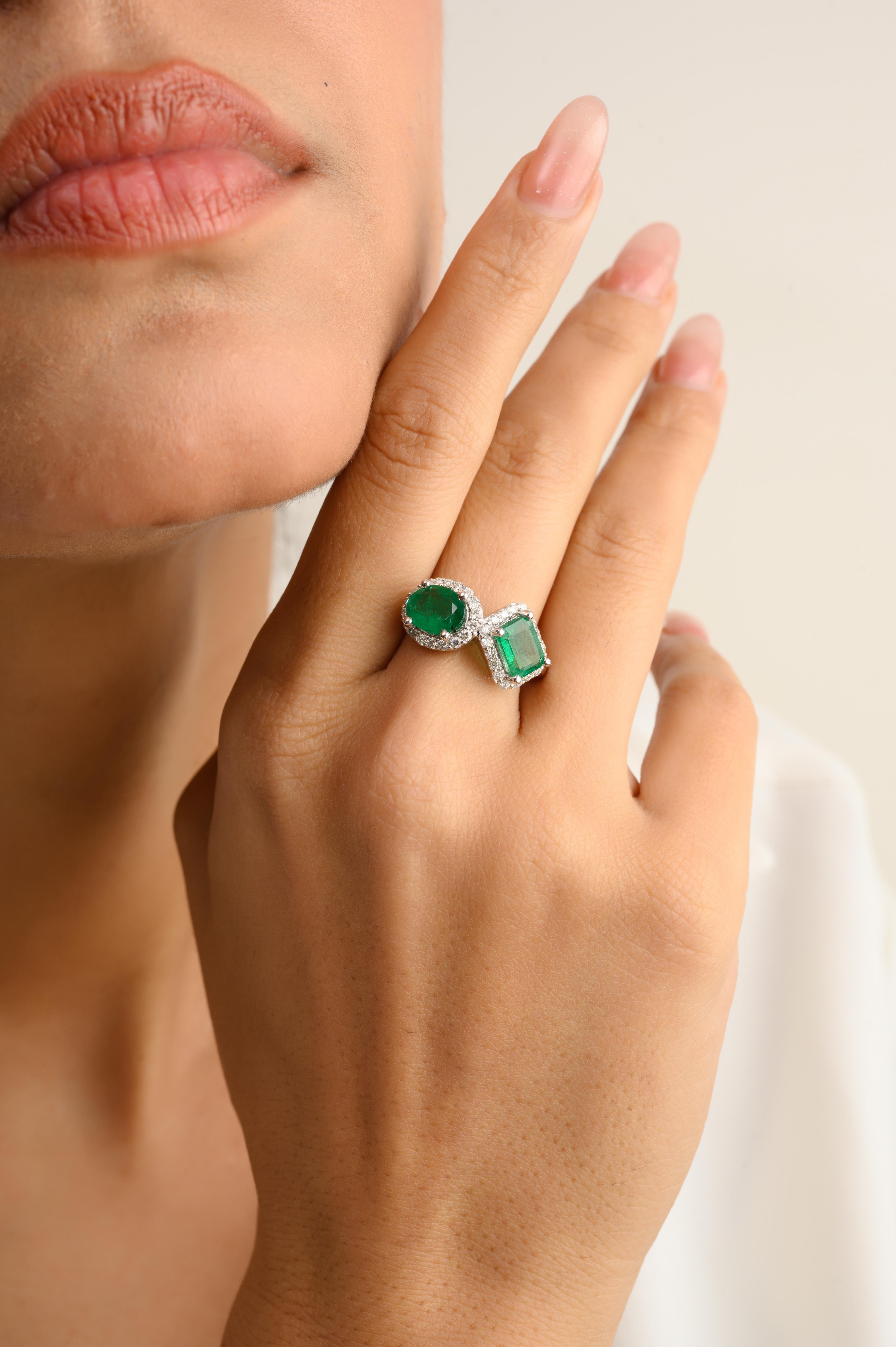 For Sale:  14k Solid White Gold Two Stone Emerald Diamond Engagement Ring in Gift for Her 4